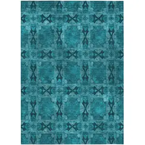 Photo of Teal Floral Medallion Washable Non Skid Indoor Outdoor Area Rug