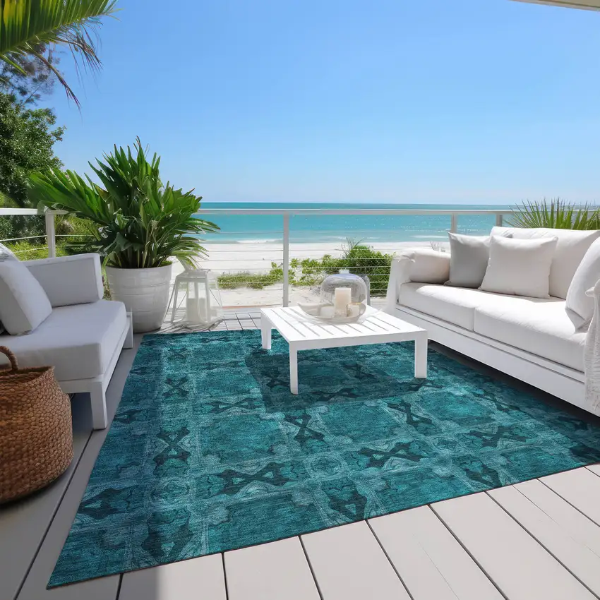 Teal Floral Medallion Washable Non Skid Indoor Outdoor Area Rug Photo 8