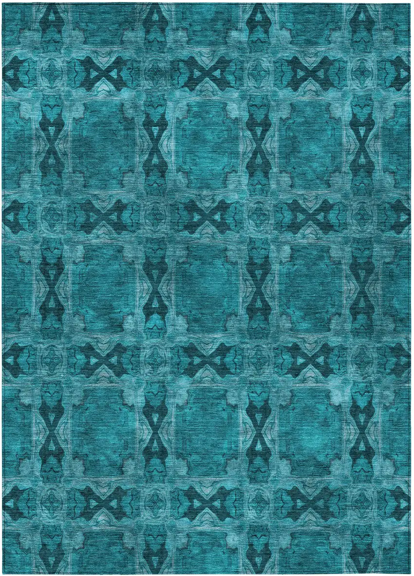 Teal Floral Medallion Washable Non Skid Indoor Outdoor Area Rug Photo 2