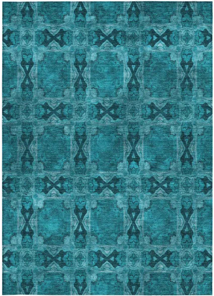 Teal Floral Medallion Washable Non Skid Indoor Outdoor Area Rug Photo 5