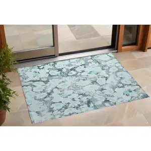 Photo of Teal Floral Washable Non Skid Indoor Outdoor Area Rug