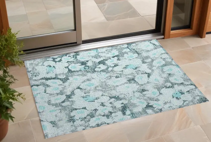Teal Floral Washable Non Skid Indoor Outdoor Area Rug Photo 1