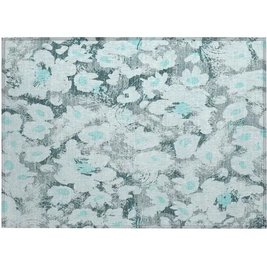 Teal Floral Washable Non Skid Indoor Outdoor Area Rug Photo 2