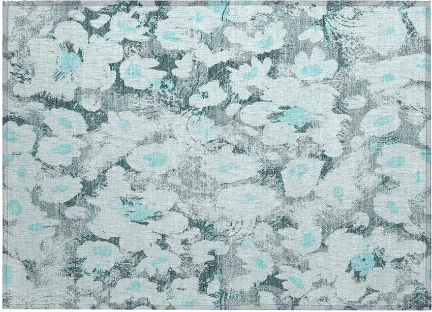 Teal Floral Washable Non Skid Indoor Outdoor Area Rug Photo 2