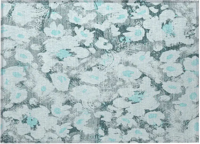 Teal Floral Washable Non Skid Indoor Outdoor Area Rug Photo 5