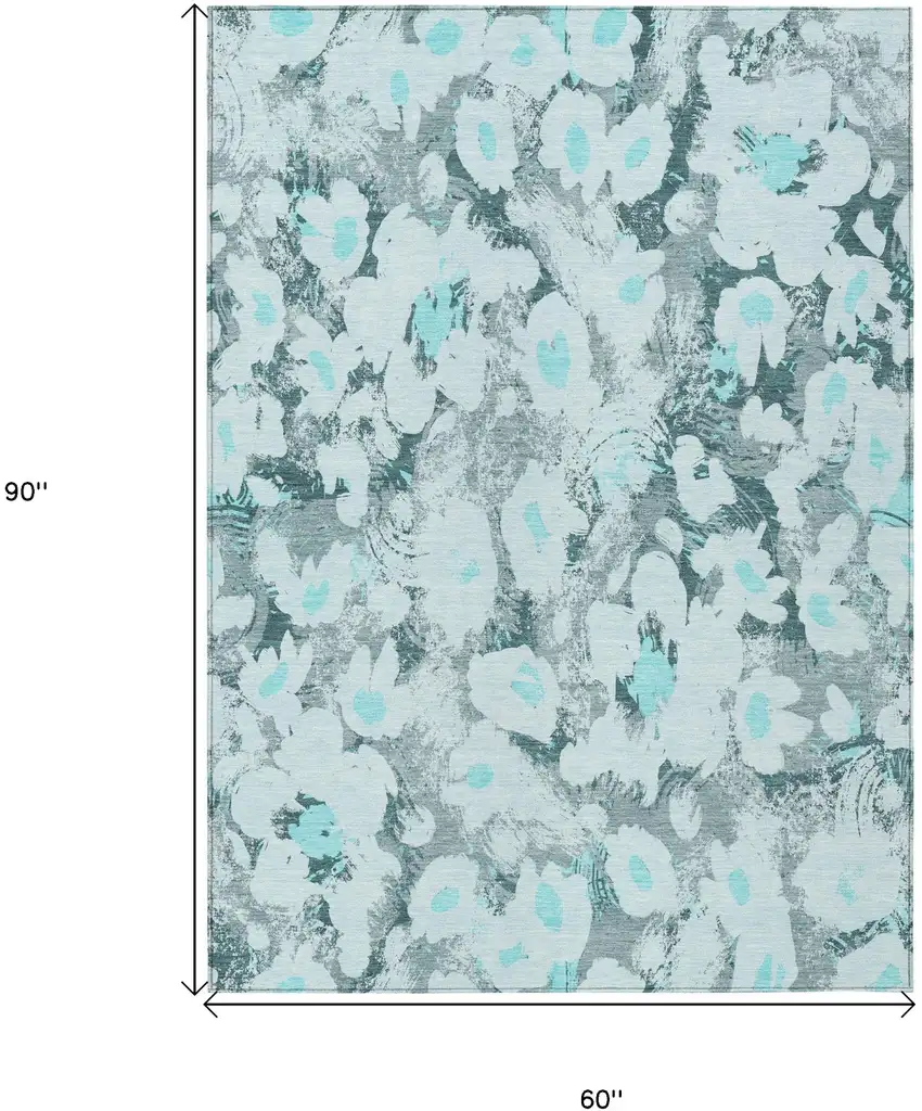 Teal Floral Washable Non Skid Indoor Outdoor Area Rug Photo 3