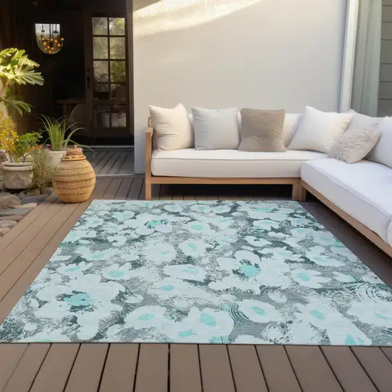 Teal Floral Washable Non Skid Indoor Outdoor Area Rug Photo 9