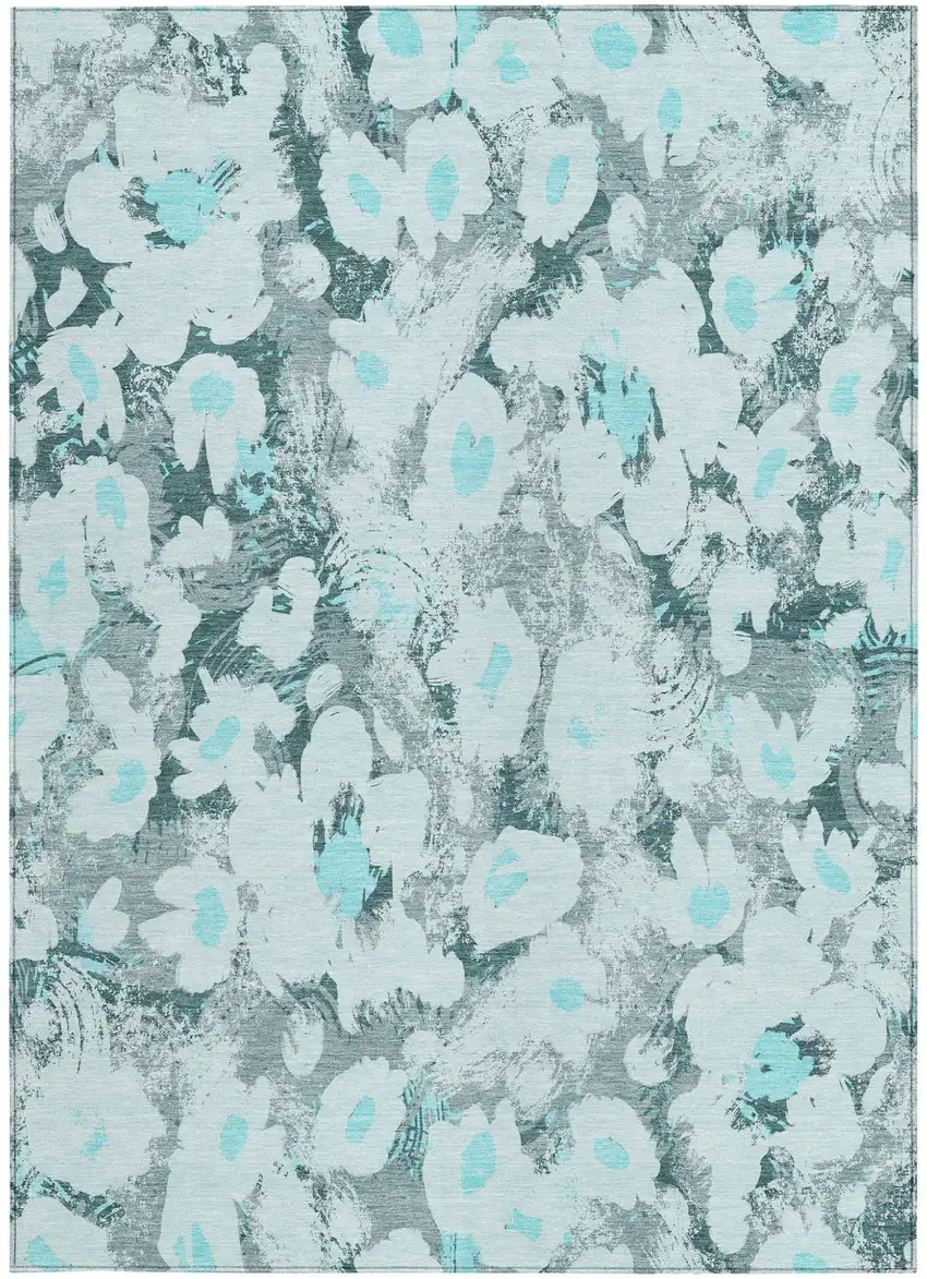 Teal Floral Washable Non Skid Indoor Outdoor Area Rug Photo 4