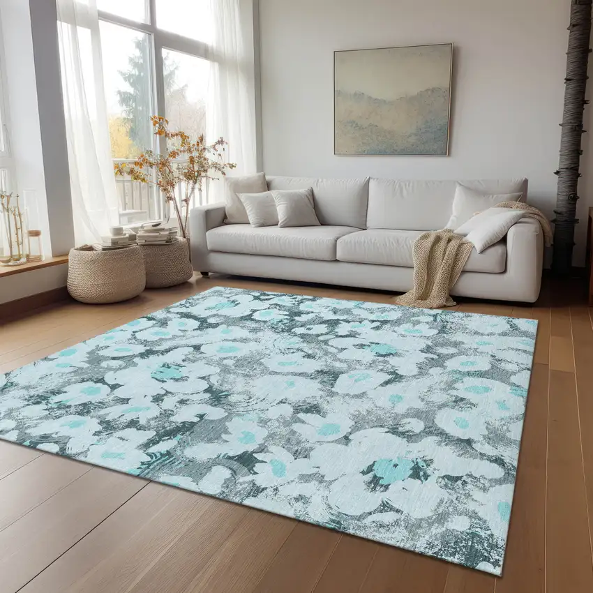 Teal Floral Washable Non Skid Indoor Outdoor Area Rug Photo 8