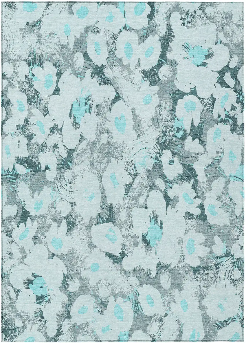 Teal Floral Washable Non Skid Indoor Outdoor Area Rug Photo 2