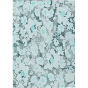 Photo of Teal Floral Washable Non Skid Indoor Outdoor Area Rug