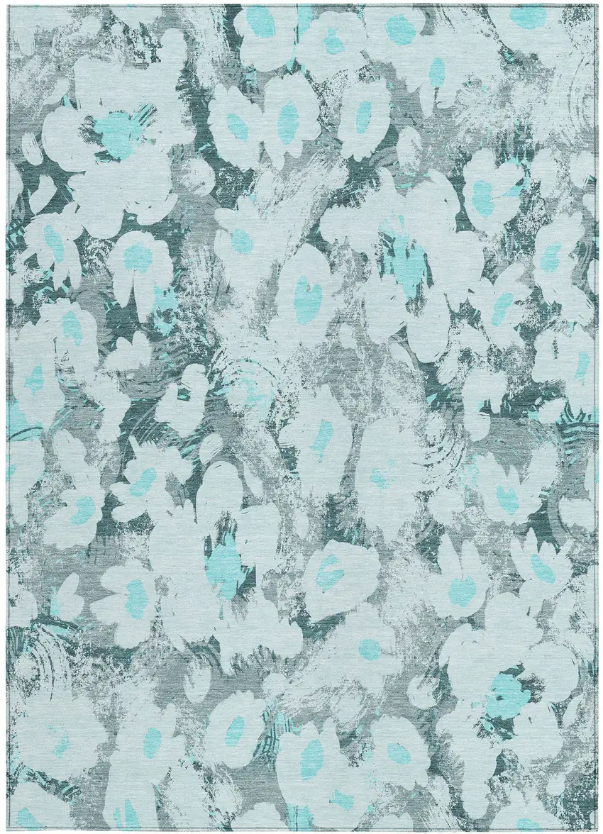Teal Floral Washable Non Skid Indoor Outdoor Area Rug Photo 5