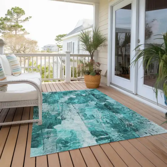 Teal Floral Washable Non Skid Indoor Outdoor Area Rug Photo 7