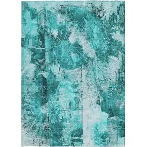 Photo of Teal Floral Washable Non Skid Indoor Outdoor Area Rug