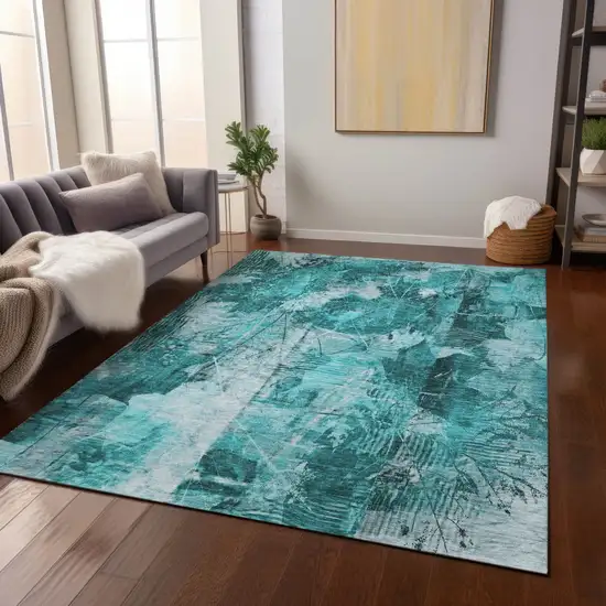 Teal Floral Washable Non Skid Indoor Outdoor Area Rug Photo 9