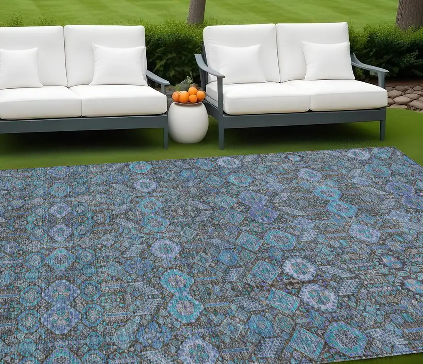 Teal Tribal Washable Indoor Outdoor Area Rug Photo 1