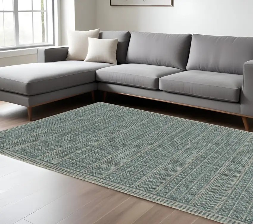 Teal And Beige Geometric Area Rug Photo 1