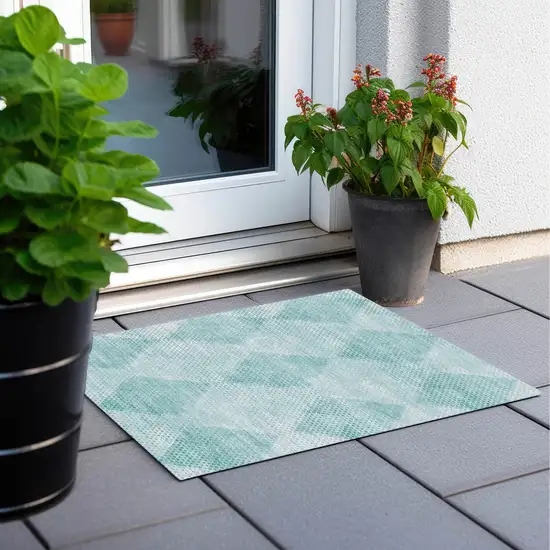 Teal Geometric Washable Non Skid Indoor Outdoor Area Rug Photo 7