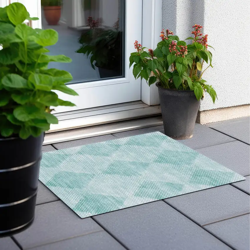 Teal Geometric Washable Non Skid Indoor Outdoor Area Rug Photo 7