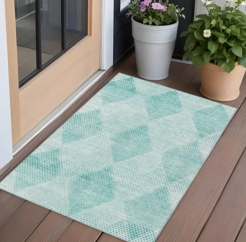 Teal Geometric Washable Non Skid Indoor Outdoor Area Rug Photo 1