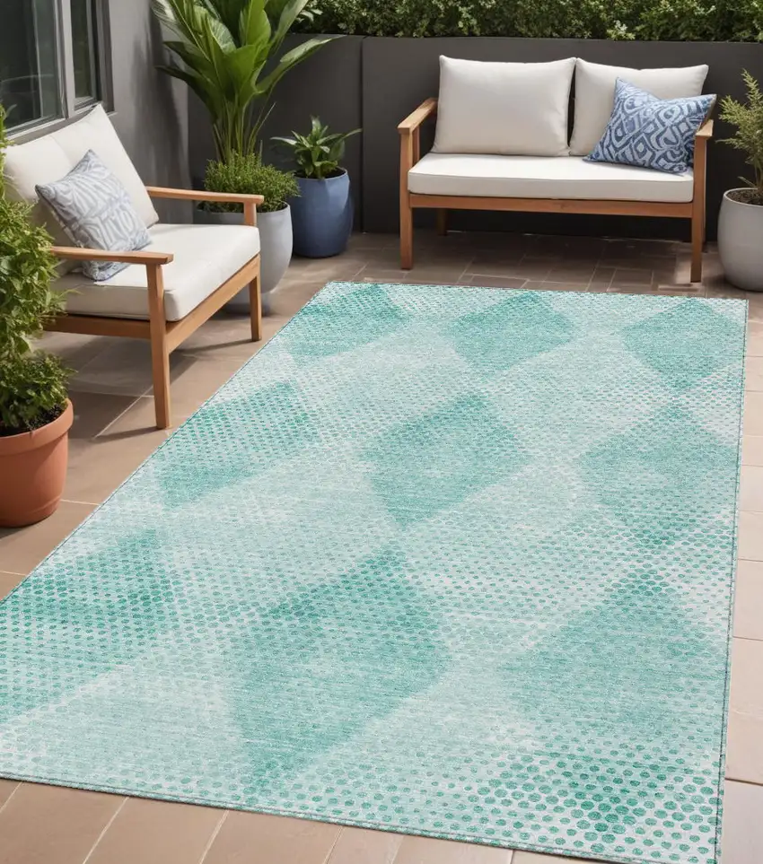 Teal Geometric Washable Non Skid Indoor Outdoor Area Rug Photo 1