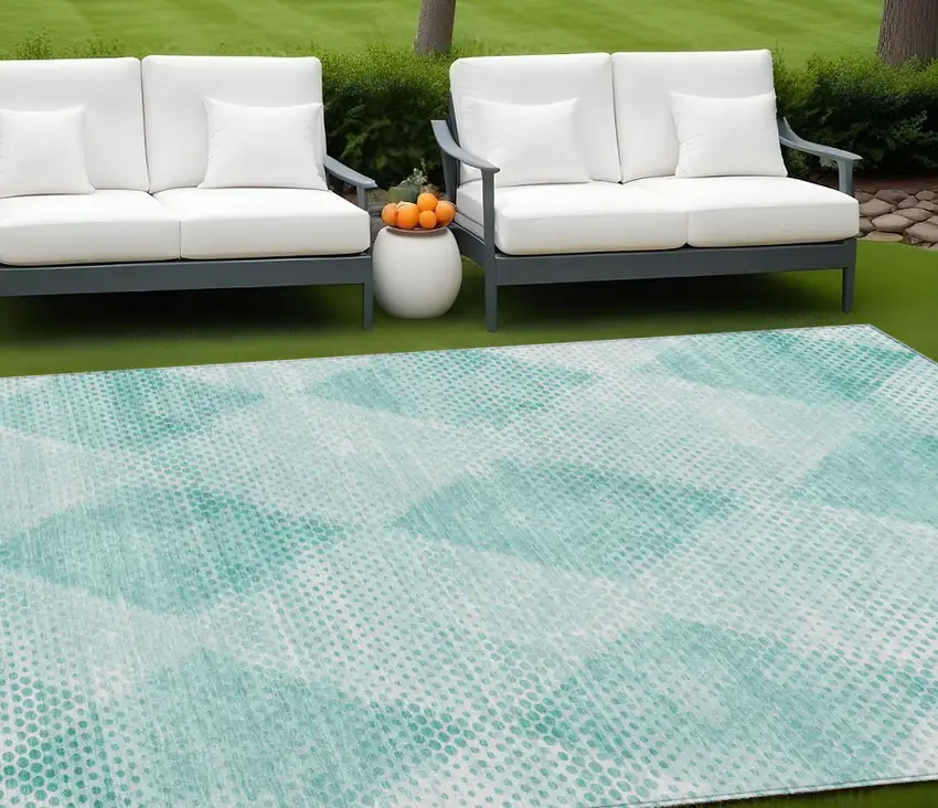 Teal Geometric Washable Non Skid Indoor Outdoor Area Rug Photo 1