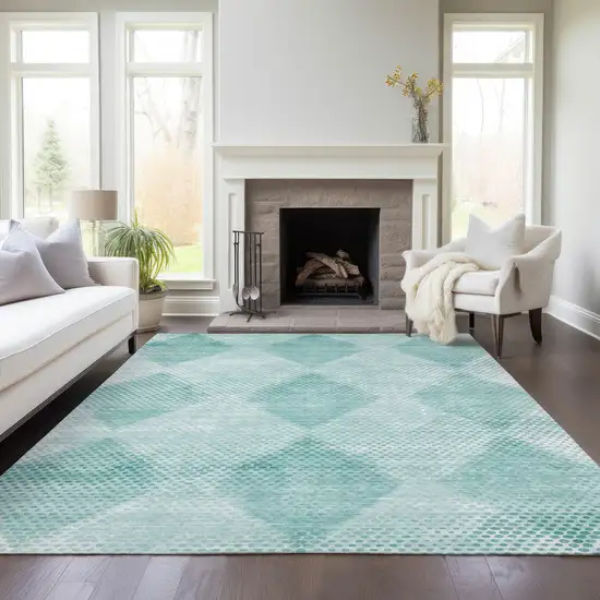 Teal Geometric Washable Non Skid Indoor Outdoor Area Rug Photo 7