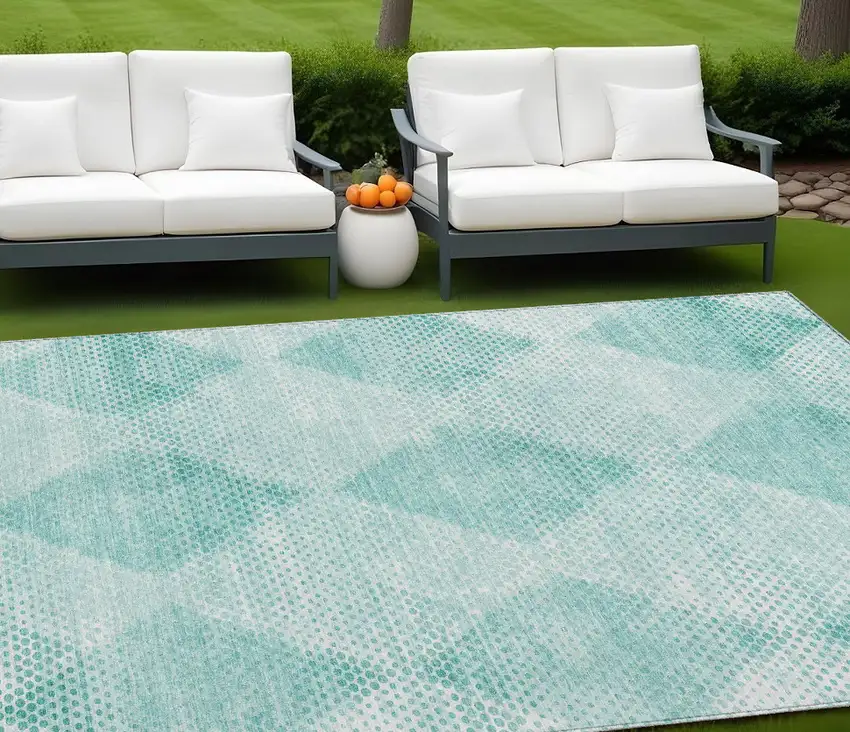 Teal Geometric Washable Non Skid Indoor Outdoor Area Rug Photo 1