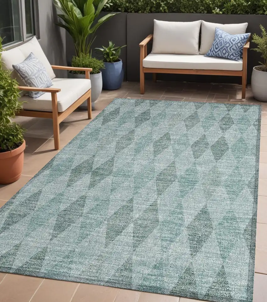 Teal Geometric Washable Non Skid Indoor Outdoor Area Rug Photo 1
