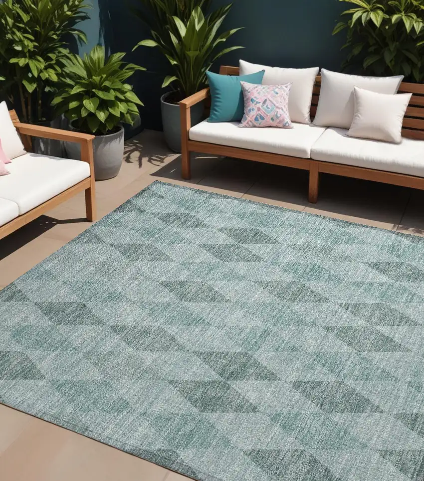 Teal Geometric Washable Non Skid Indoor Outdoor Area Rug Photo 1