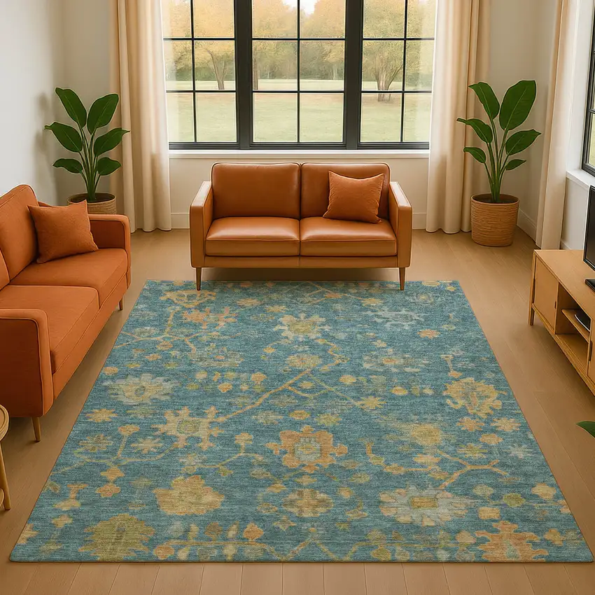 Teal Gold And Blue Floral Washable Area Rug With UV Protection Photo 5