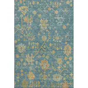 Photo of Teal Gold And Blue Floral Washable Area Rug With UV Protection