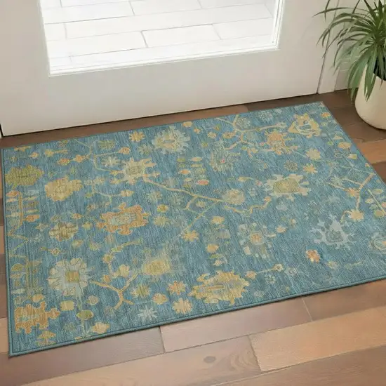 Teal Gold And Blue Floral Washable Area Rug With UV Protection Photo 2