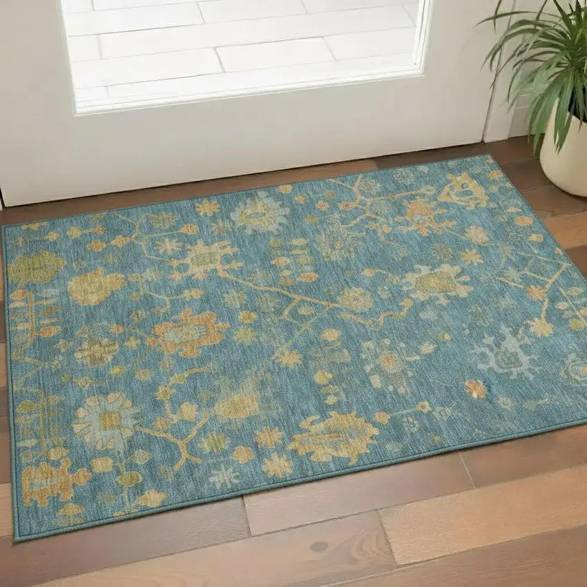 Teal Gold And Blue Floral Washable Area Rug With UV Protection Photo 2