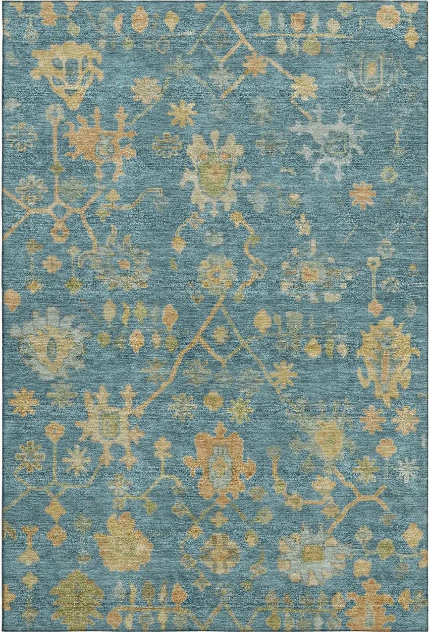 Teal Gold And Blue Floral Washable Area Rug With UV Protection Photo 1