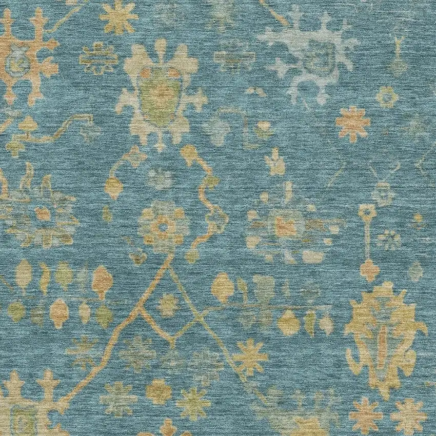 Teal Gold And Blue Floral Washable Area Rug With UV Protection Photo 3