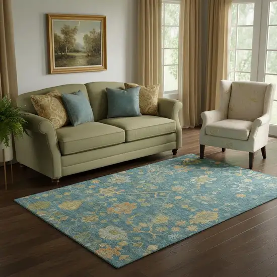 Teal Gold And Blue Floral Washable Area Rug With UV Protection Photo 2