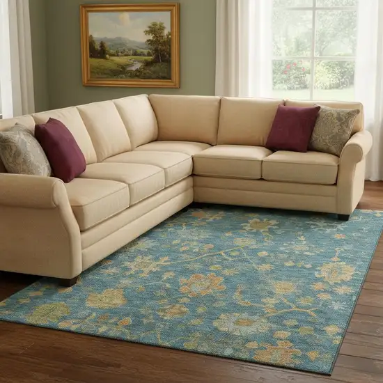 Teal Gold And Blue Floral Washable Area Rug With UV Protection Photo 2