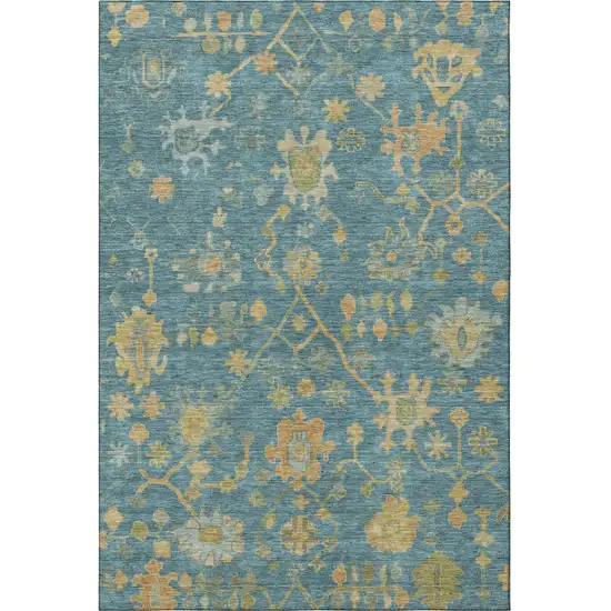 Teal Gold And Blue Floral Washable Area Rug With UV Protection Photo 4