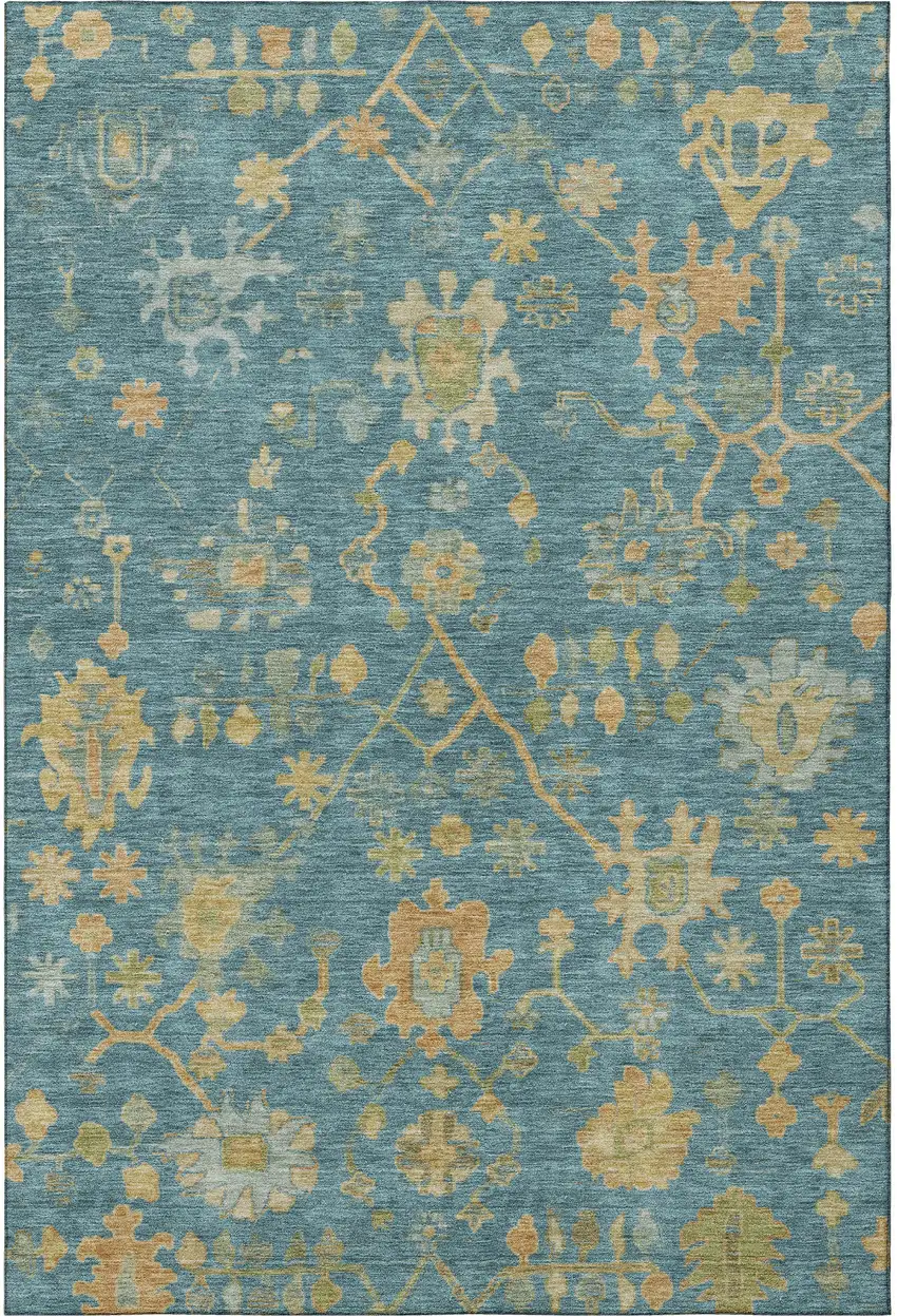 Teal Gold And Blue Floral Washable Area Rug With UV Protection Photo 4