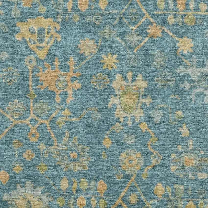 Teal Gold And Blue Floral Washable Area Rug With UV Protection Photo 3