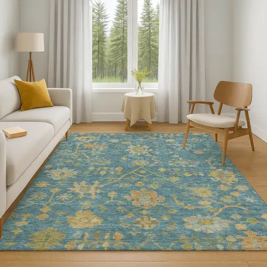 Teal Gold And Blue Floral Washable Area Rug With UV Protection Photo 6