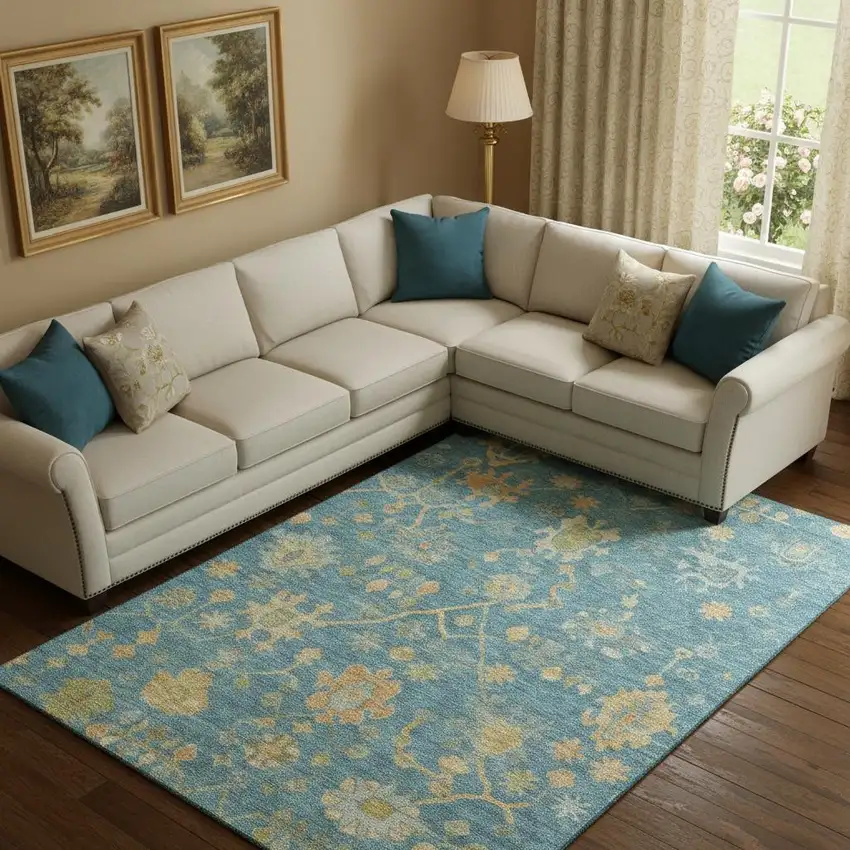 Teal Gold And Blue Floral Washable Area Rug With UV Protection Photo 2