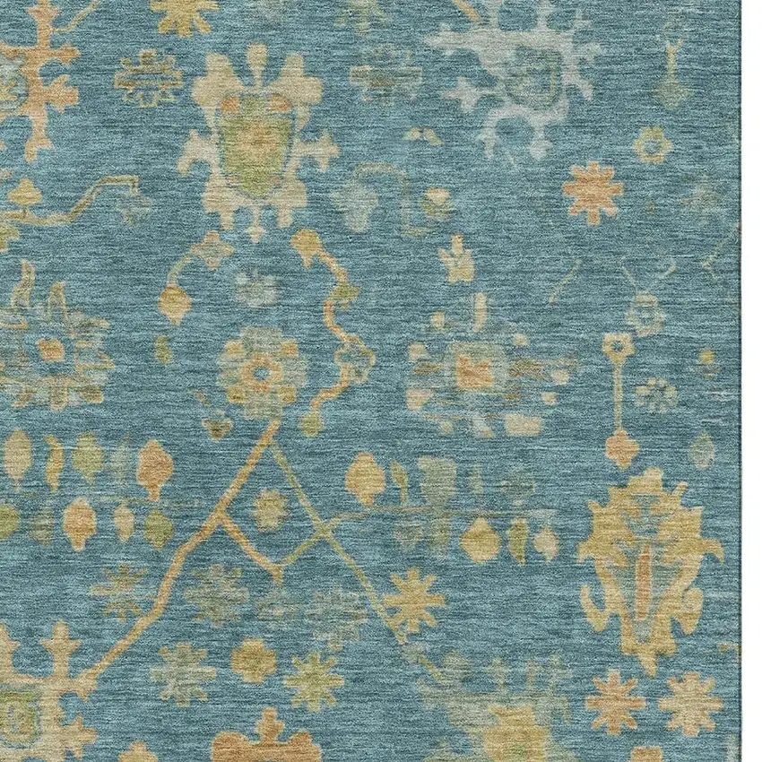 Teal Gold And Blue Floral Washable Area Rug With UV Protection Photo 3