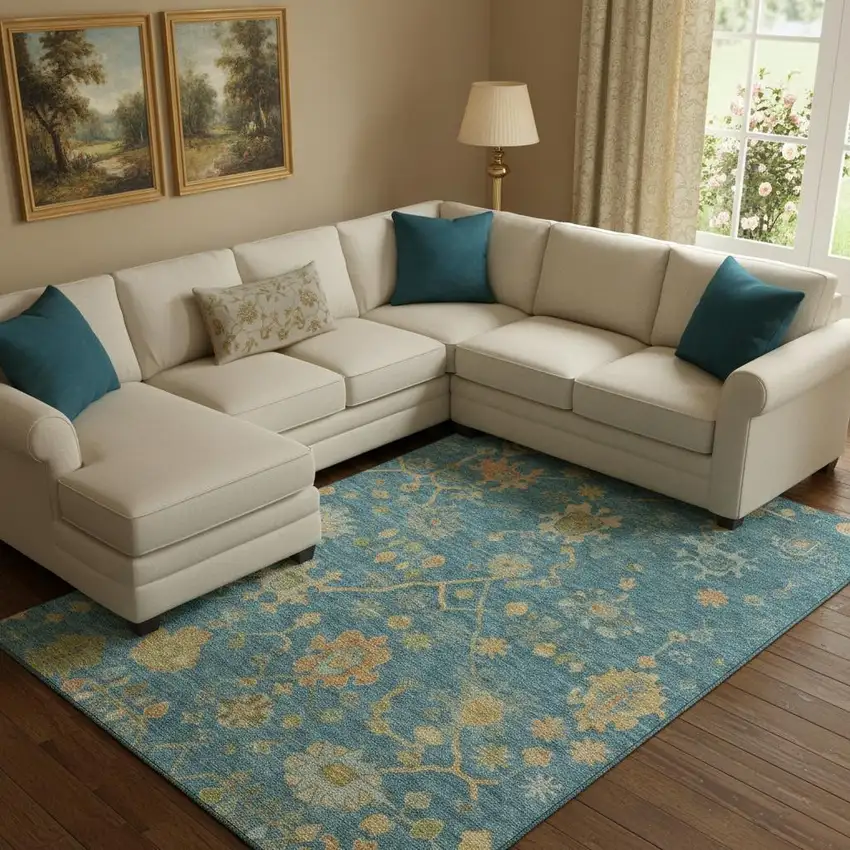 Teal Gold And Blue Floral Washable Area Rug With UV Protection Photo 2