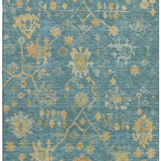 Teal Gold And Blue Floral Washable Area Rug With UV Protection Photo 4