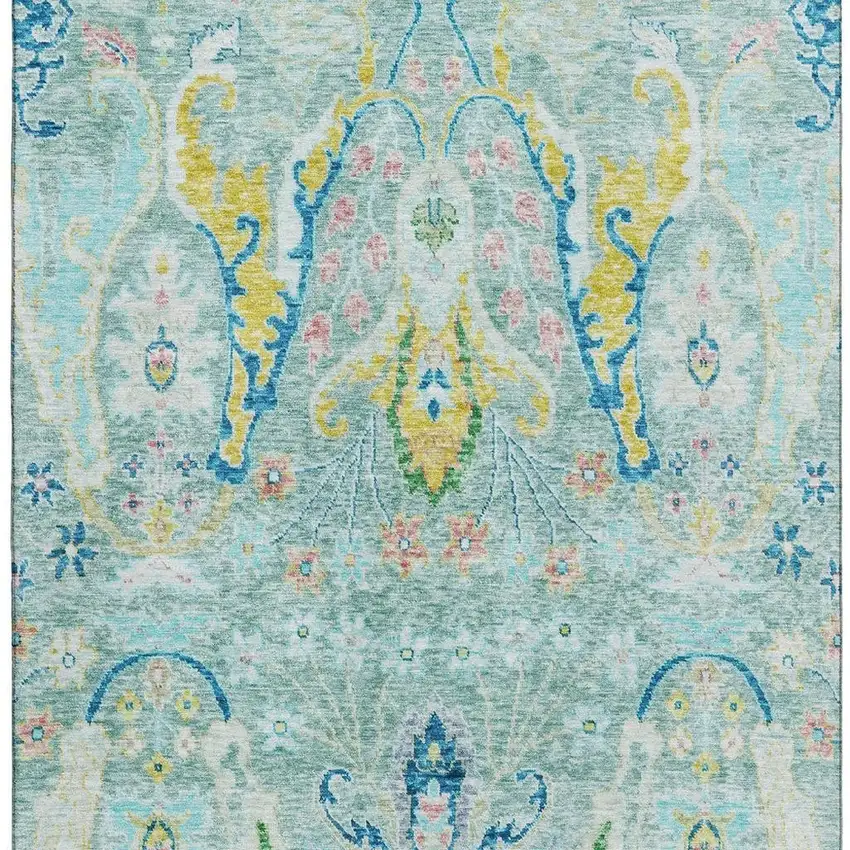 Teal Gold And Blue Floral Washable Area Rug With UV Protection Photo 4