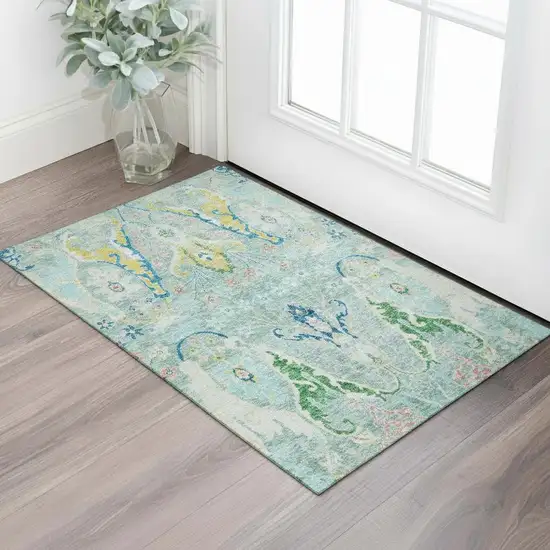 Teal Gold And Blue Floral Washable Area Rug With UV Protection Photo 2