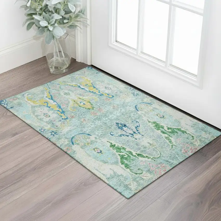 Teal Gold And Blue Floral Washable Area Rug With UV Protection Photo 2