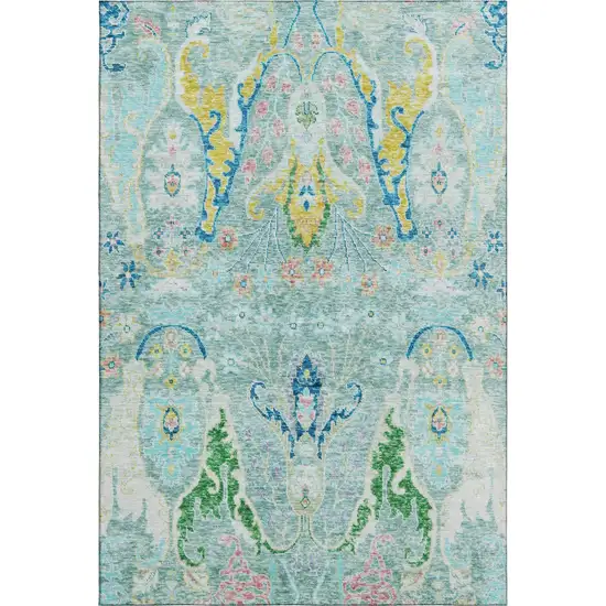 Teal Gold And Blue Floral Washable Area Rug With UV Protection Photo 1